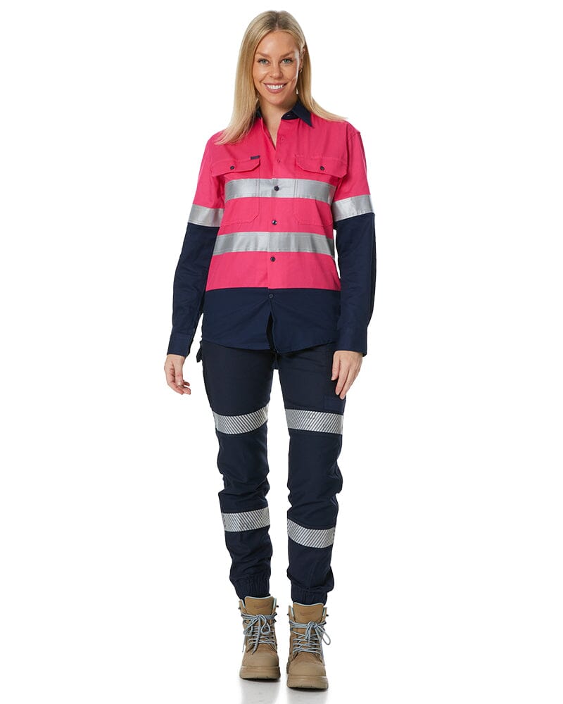 Hi Vis Taped Cotton Drill Shirt LS - Pink/Navy