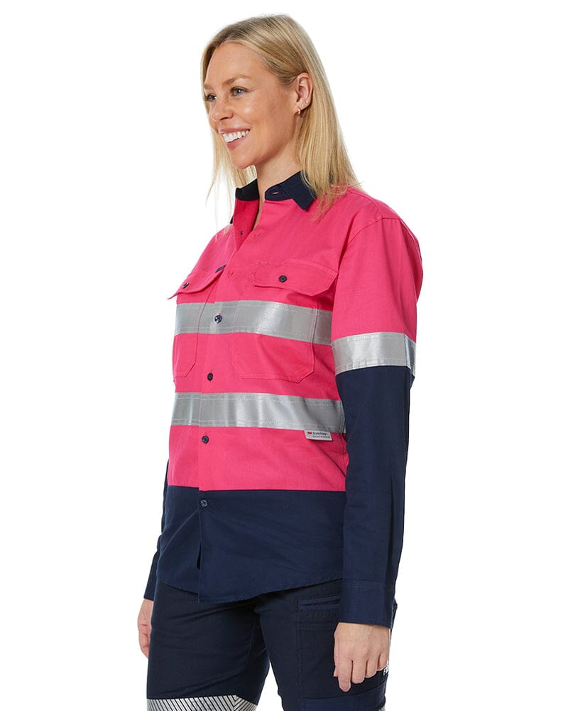 Hi Vis Taped Cotton Drill Shirt LS - Pink/Navy