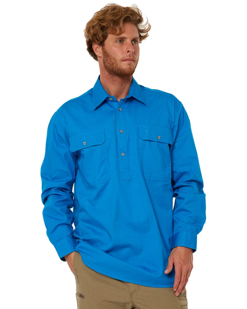 Pilbara Closed Front Cotton Twill Shirt LS - Azure | Buy Online