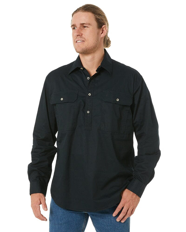 Closed Front Cotton Twill Shirt LS - Black