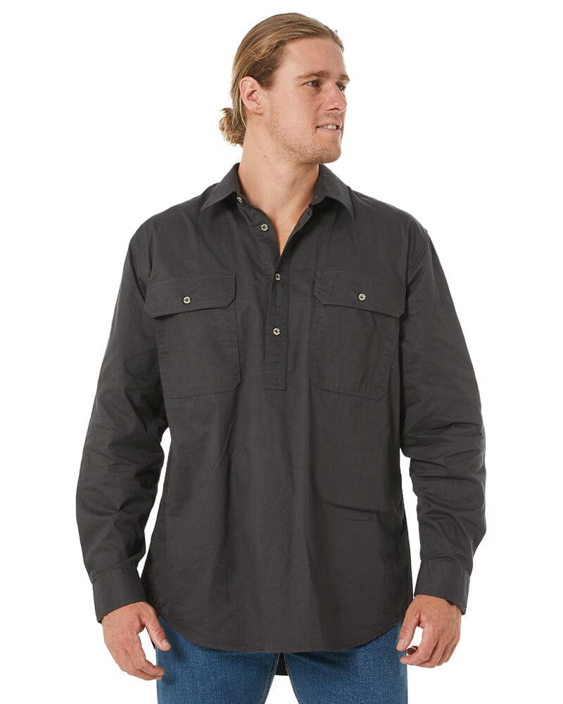 Pilbara Closed Front Cotton Twill Shirt LS - Charcoal | Buy Online