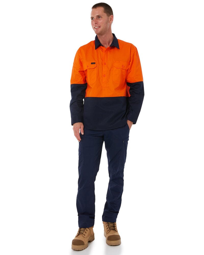 Closed Front Long Sleeve Shirt - Orange/Navy