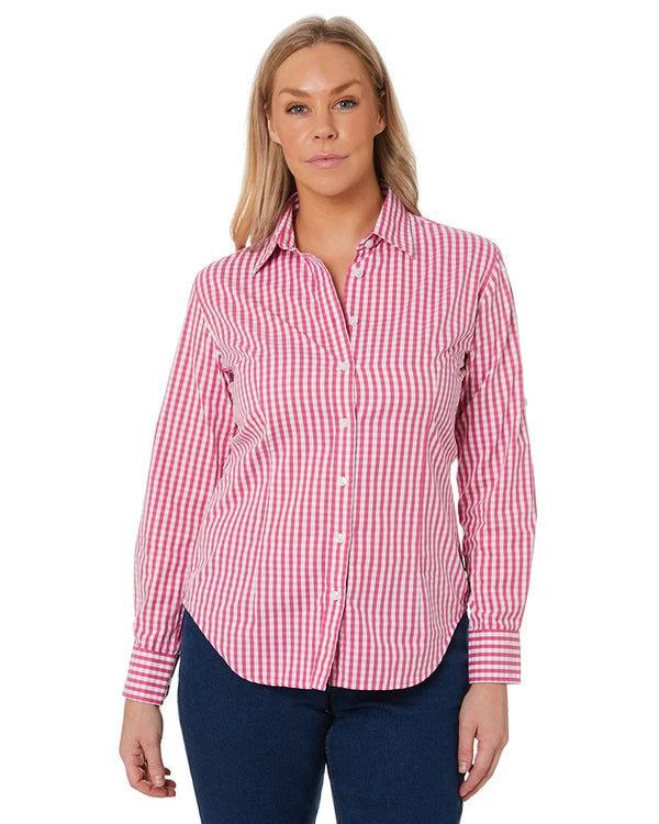 Ladies LS Check Shirt - Pink/White