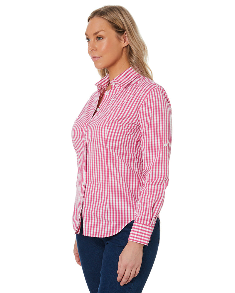Ladies LS Check Shirt - Pink/White
