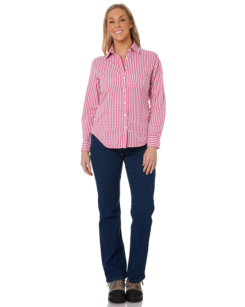 Ladies LS Check Shirt - Pink/White