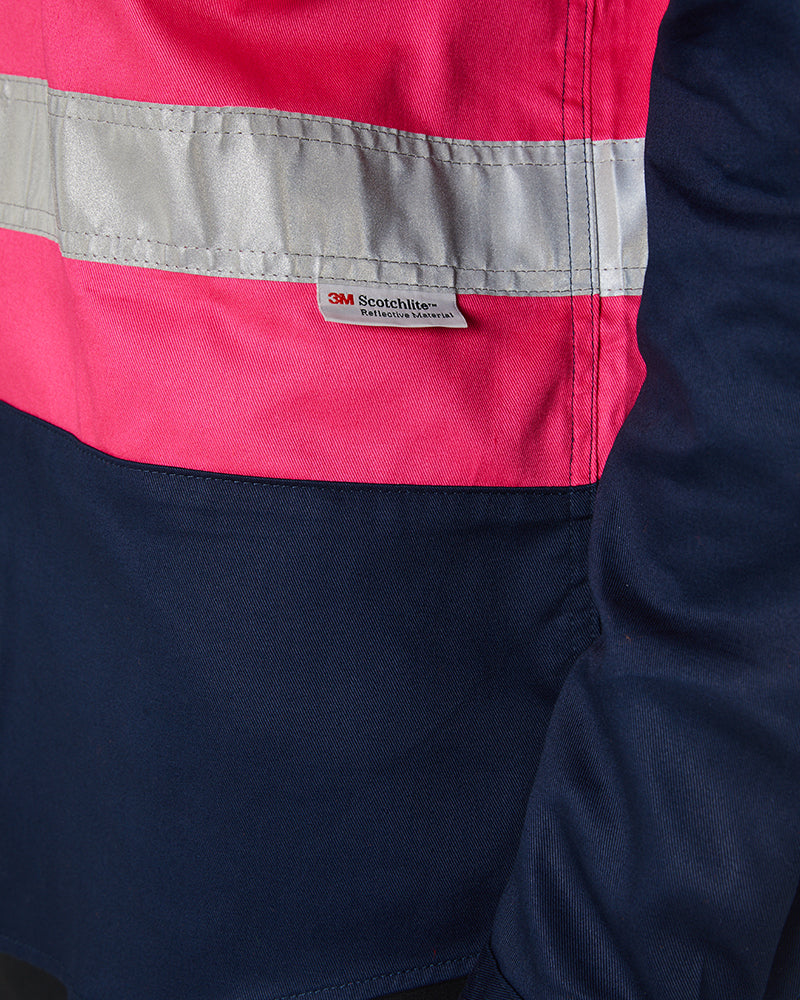 Hi Vis Taped Cotton Drill Shirt LS - Pink/Navy