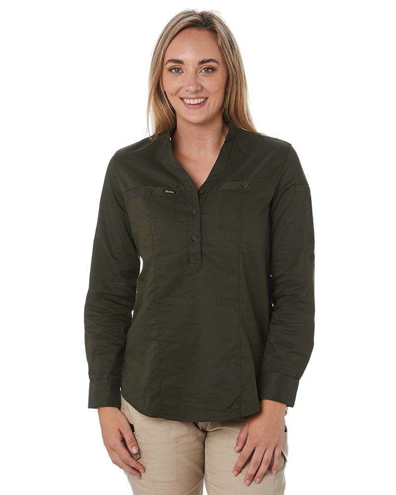 Womens Stretch V-Neck Closed Front Shirt - Olive