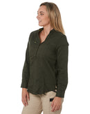 Womens Stretch V-Neck Closed Front Shirt - Olive
