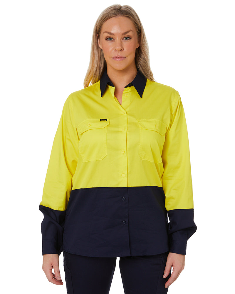 Womens Hi Vis Cool Lightweight LS Drill Shirt - Yellow/Navy