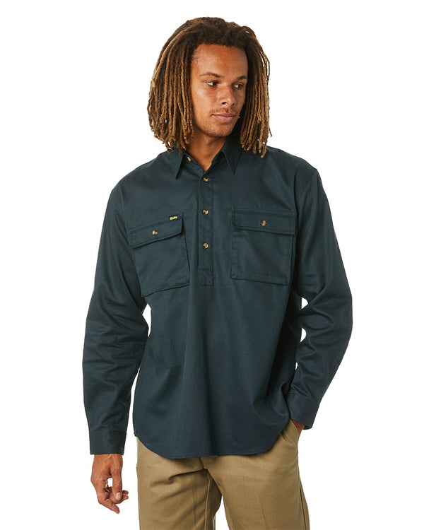 Closed Front Mens Cotton Drill LS Shirt - Green