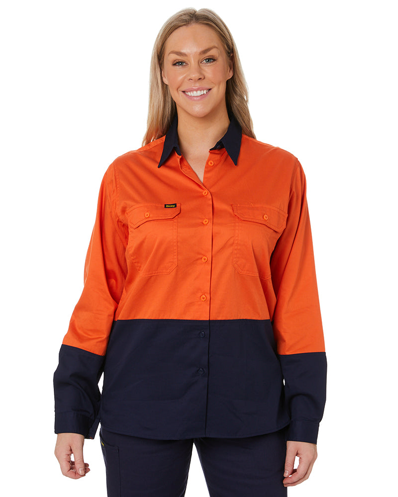 Womens Hi Vis Cool Lightweight LS Drill Shirt - Orange/Navy