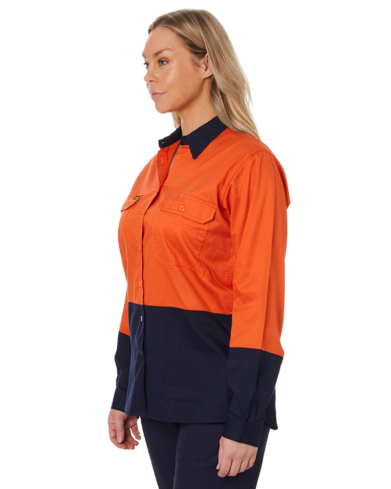 Womens Hi Vis Cool Lightweight LS Drill Shirt - Orange/Navy