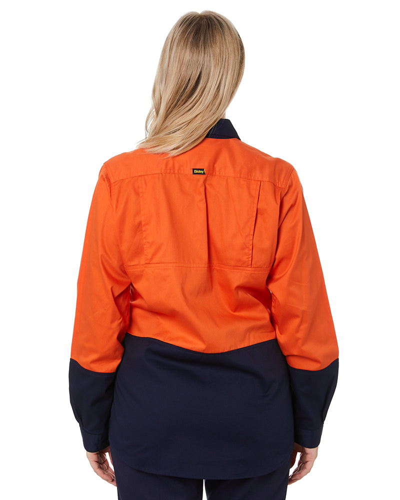 Womens Hi Vis Cool Lightweight LS Drill Shirt - Orange/Navy
