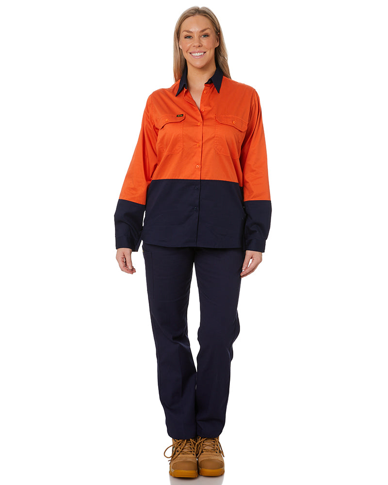 Womens Hi Vis Cool Lightweight LS Drill Shirt - Orange/Navy