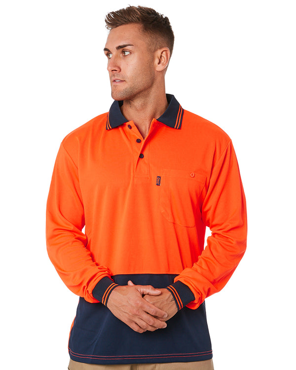 Hi Vis Cool Breathe Polo Shirt LS - Orange/Navy