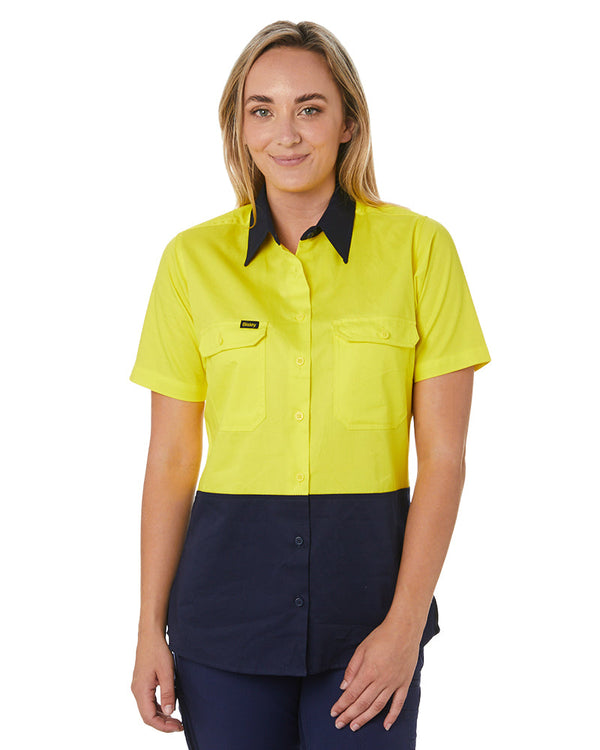 Womens Hi Vis Cool Lightweight SS Drill Shirt - Yellow/Navy