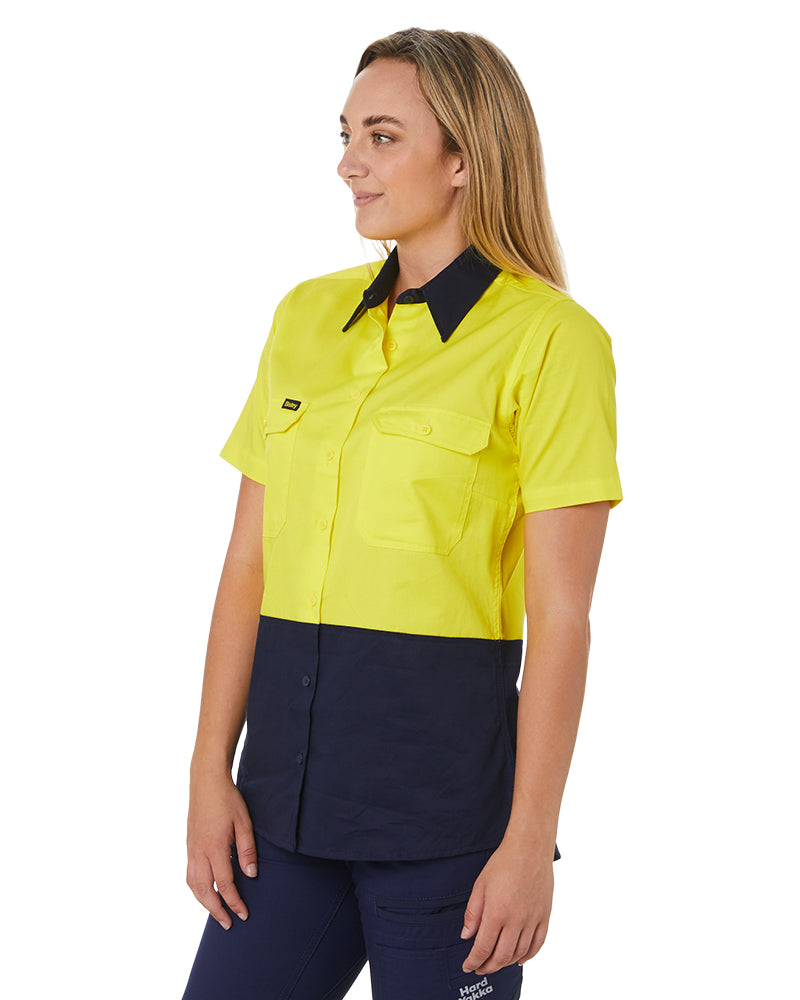 Womens Hi Vis Cool Lightweight SS Drill Shirt - Yellow/Navy