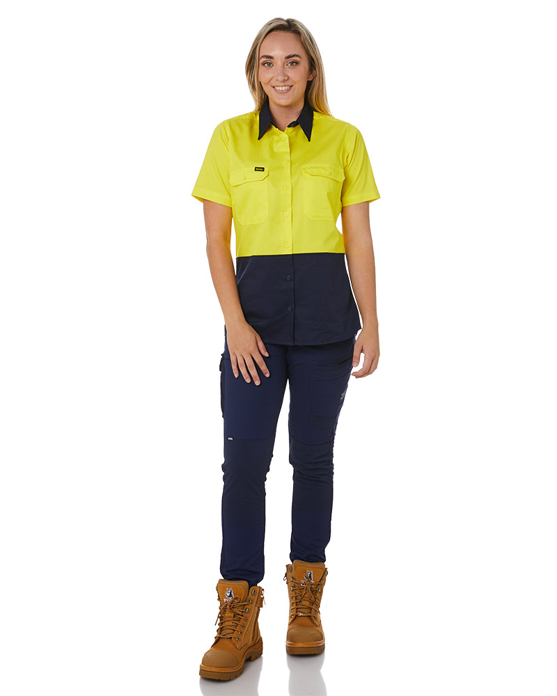 Womens Hi Vis Cool Lightweight SS Drill Shirt - Yellow/Navy