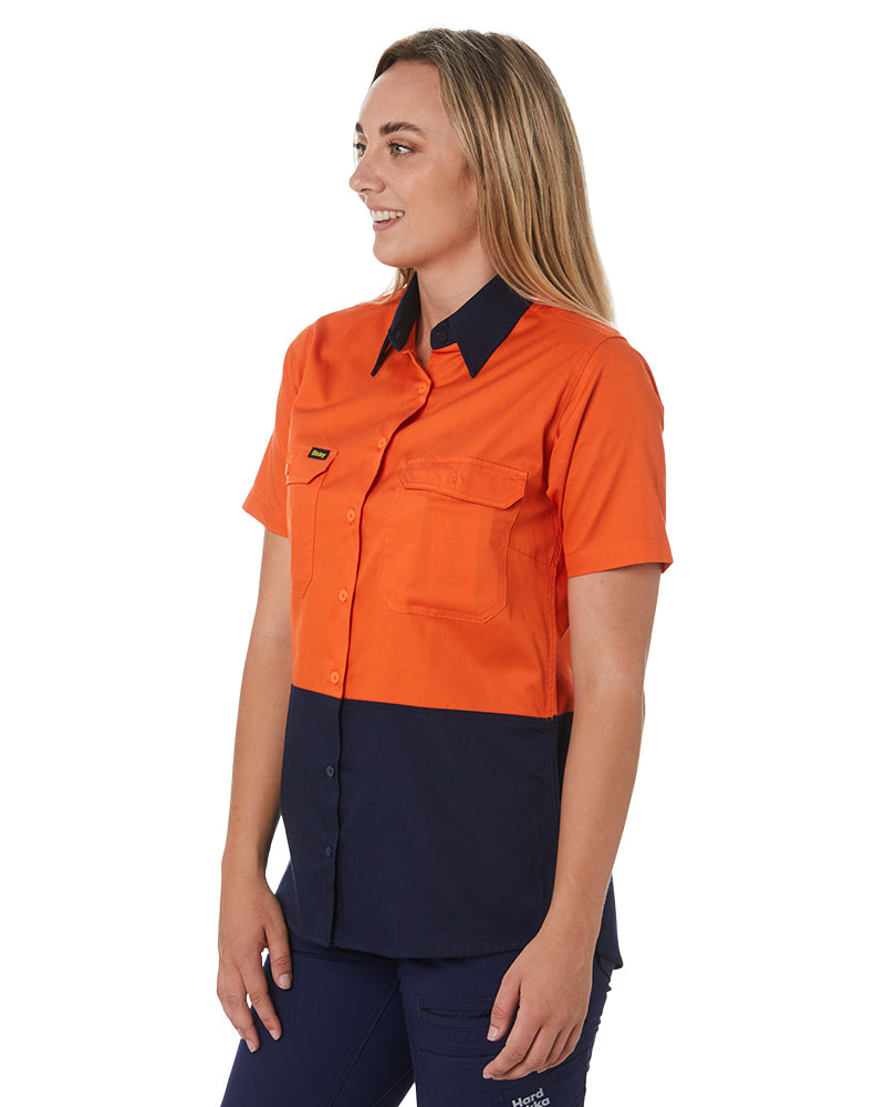 Womens Hi Vis Cool Lightweight SS Drill Shirt - Orange/Navy