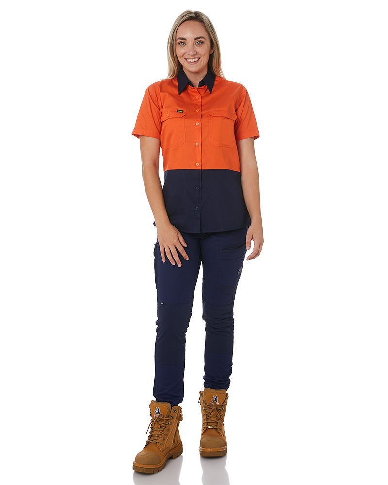 Womens Hi Vis Cool Lightweight SS Drill Shirt - Orange/Navy