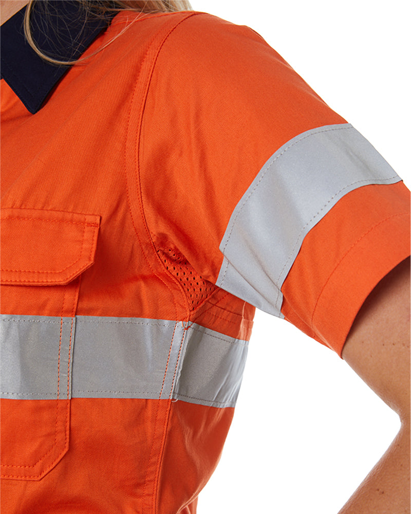 Womens Hi Vis Cool Lightweight SS Shirt with Tape - Orange/Navy