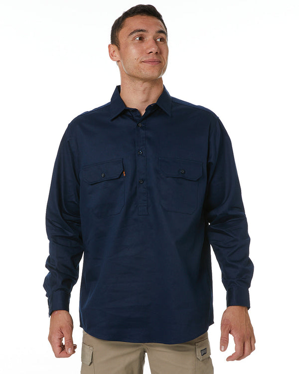 Closed Front Cotton Drill Shirt Long Sleeve - Navy