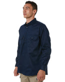 Closed Front Cotton Drill Shirt Long Sleeve - Navy