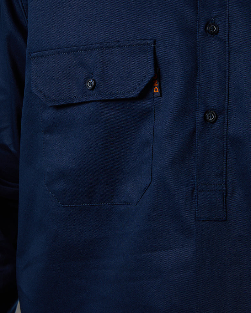 Closed Front Cotton Drill Shirt Long Sleeve - Navy