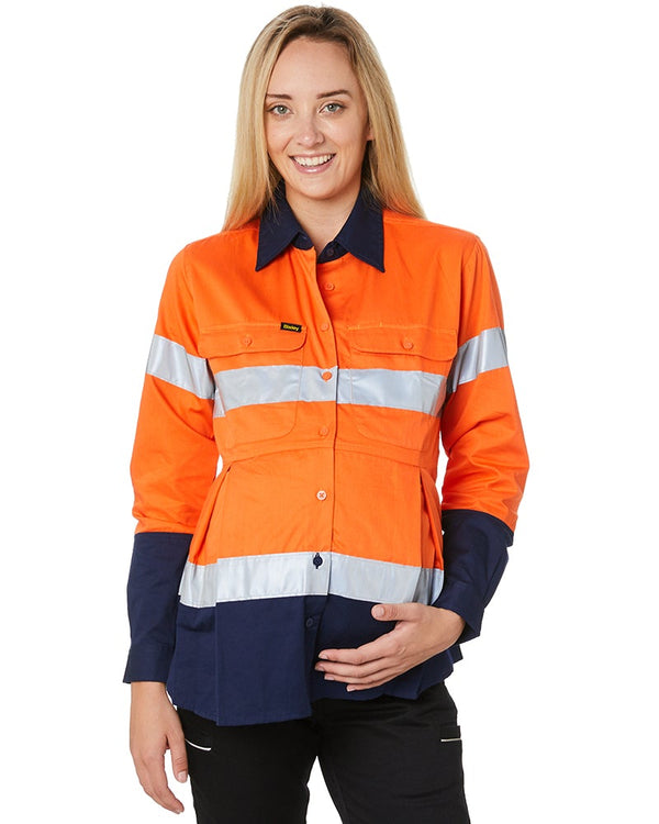 Womens 3M Taped Hi Vis Maternity Drill Shirt * - Orange/Navy