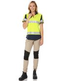 Womens SS Taped Hi Vis V-Neck Polo - Yellow/Navy