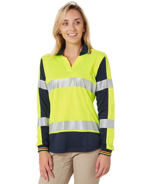 Womens L/S Taped Hi Vis V-Neck Polo - Yellow/Navy