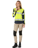 Womens L/S Taped Hi Vis V-Neck Polo - Yellow/Navy