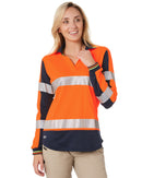 Womens L/S Taped Hi Vis V-Neck Polo - Orange/Navy