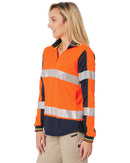 Womens L/S Taped Hi Vis V-Neck Polo - Orange/Navy
