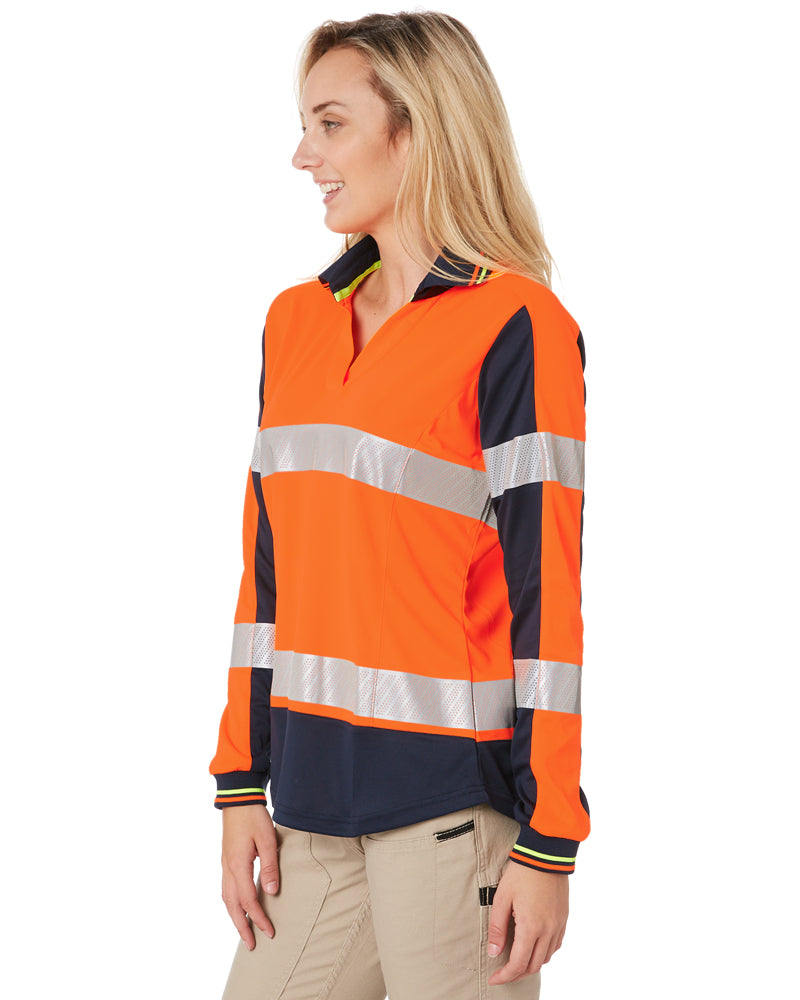 Womens L/S Taped Hi Vis V-Neck Polo - Orange/Navy