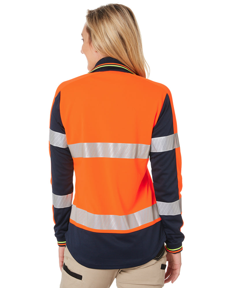 Womens L/S Taped Hi Vis V-Neck Polo - Orange/Navy