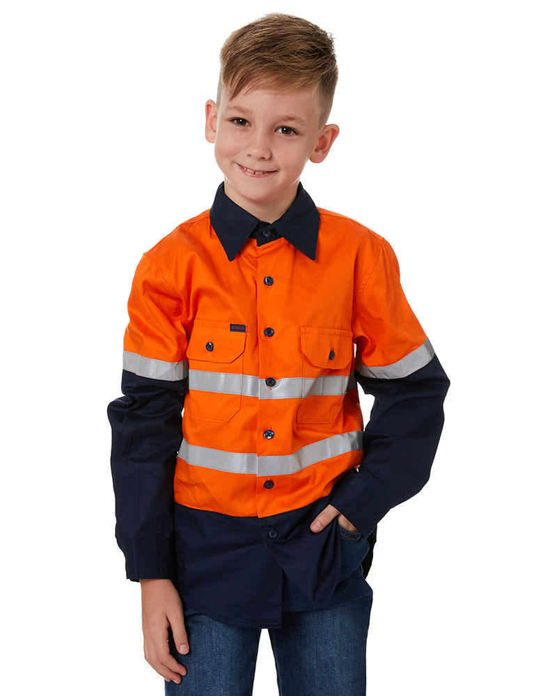 Hi Vis 2 Tone Open Front Kids Shirt - Orange/Navy