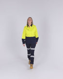 Womens Hi Vis Cool Lightweight LS Drill Shirt - Yellow/Navy