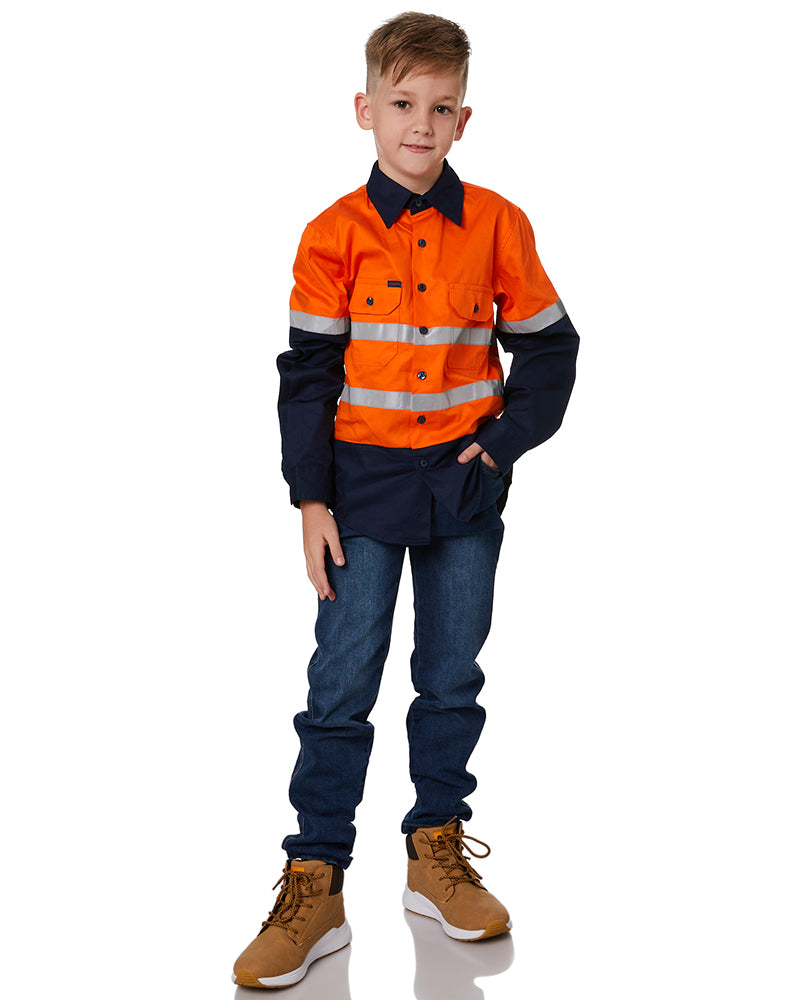 Hi Vis 2 Tone Open Front Kids Shirt - Orange/Navy