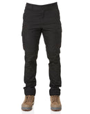 A pair of graphite-colored FXD WP-5 lightweight work pants, displayed with a model wearing them and boots on a plain background.