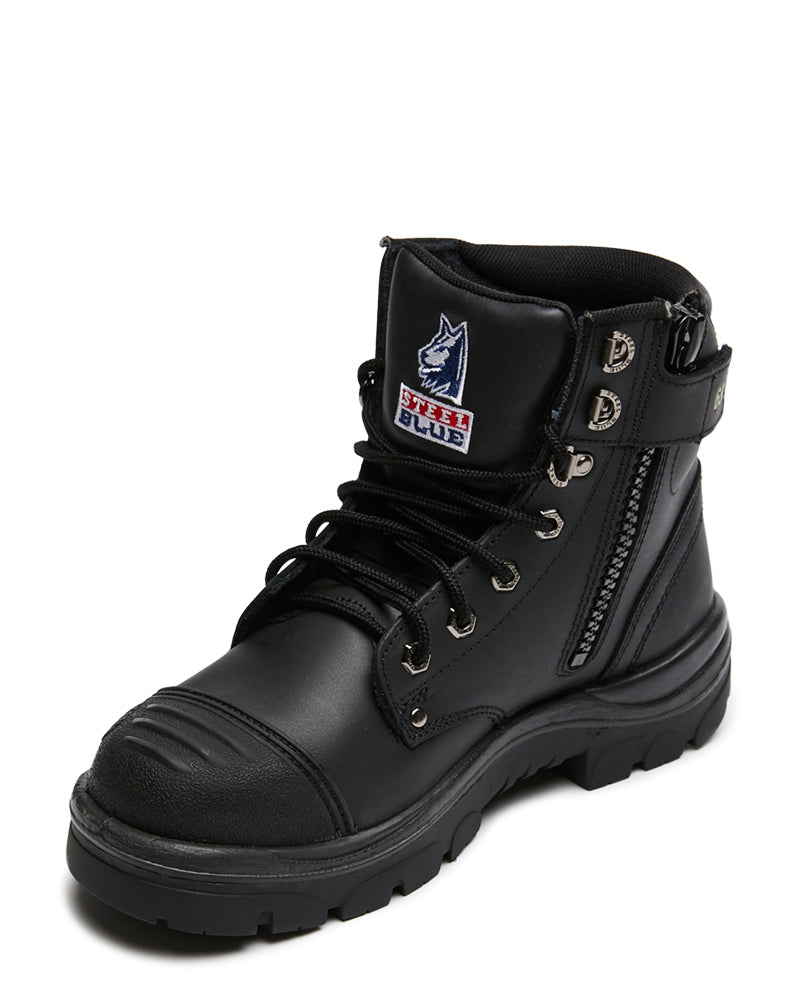 Argyle Lace Up Safety Boot with Zip and Scuff Cap - Black