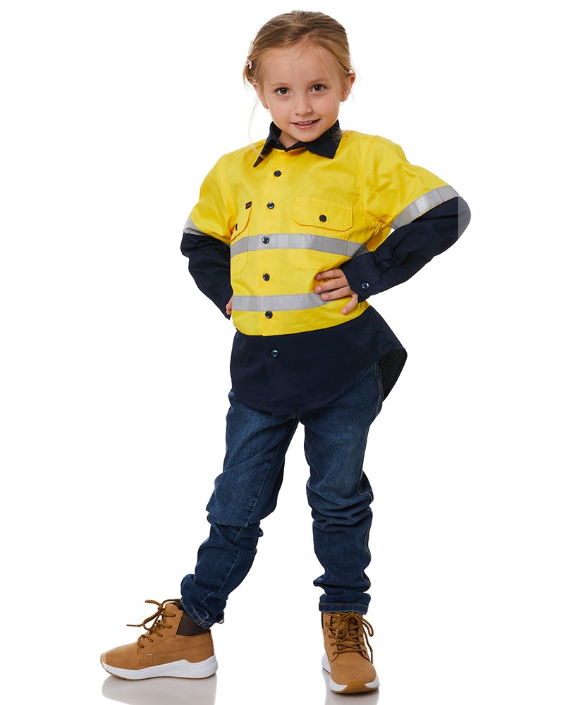 Hi Vis 2 Tone Open Front Kids Shirt - Yellow/Navy