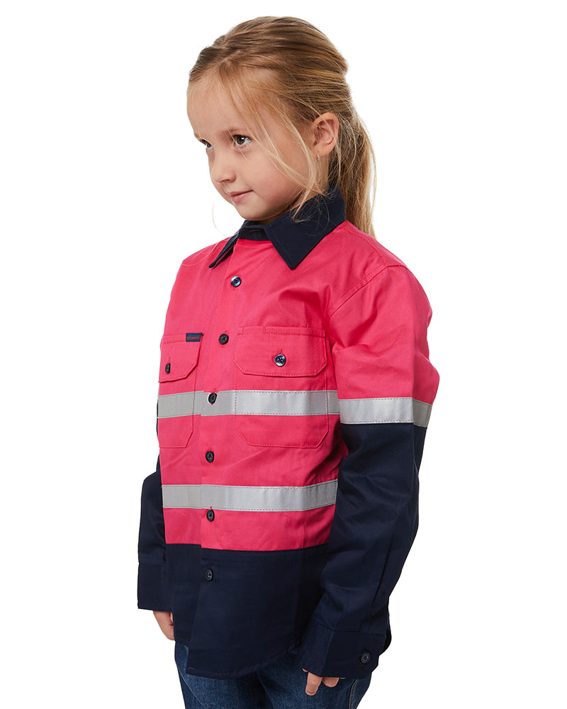 Hi Vis 2 Tone Open Front Kids Shirt - Pink/Navy