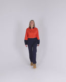 Womens Hi Vis Cool Lightweight LS Drill Shirt - Orange/Navy