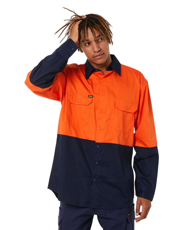 Cool Lightweight Drill Shirt LS - Orange/Navy