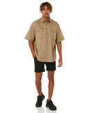 Closed Front Mens Cotton Drill SS Shirt - Khaki