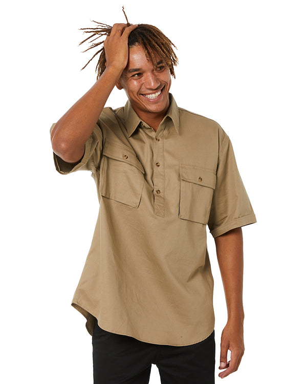 Closed Front Mens Cotton Drill SS Shirt - Khaki