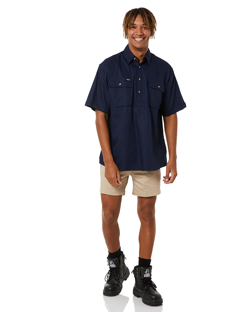 Closed Front Mens Cotton Drill SS Shirt - Navy