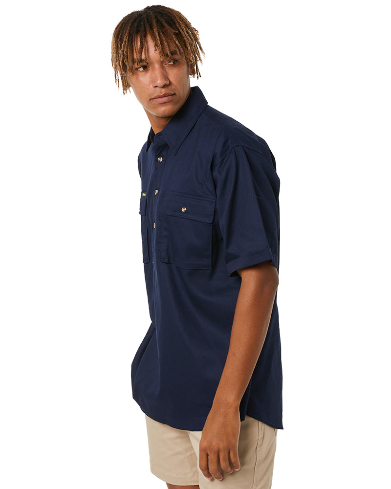 Closed Front Mens Cotton Drill SS Shirt - Navy
