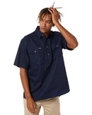 Closed Front Mens Cotton Drill SS Shirt - Navy